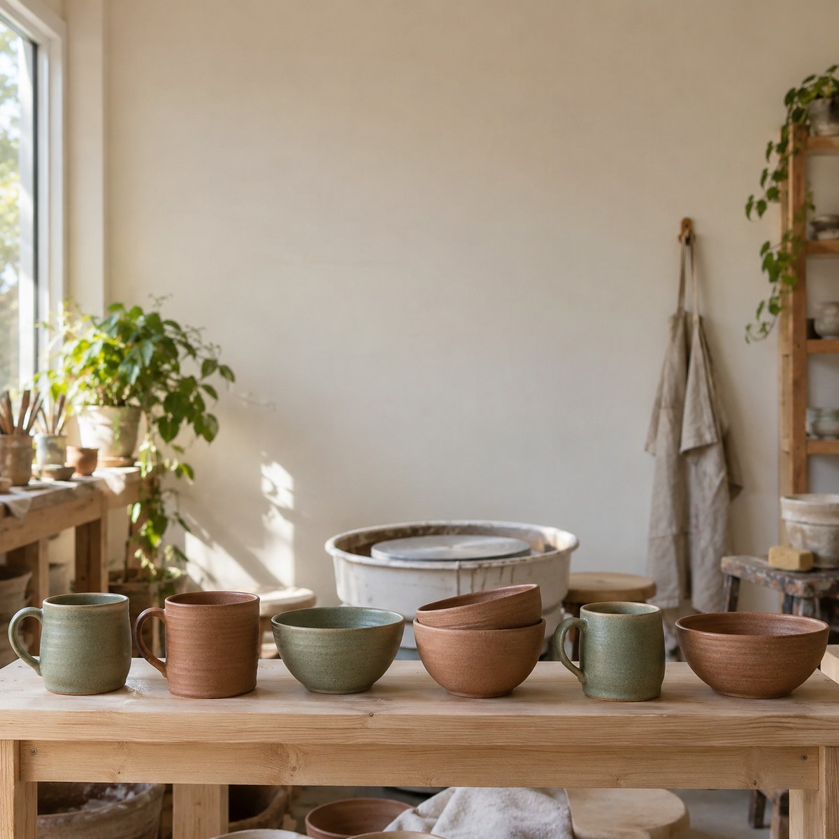 Maya’s pottery studio: sage-green and terracotta mugs and bowls on a wooden table in soft window light