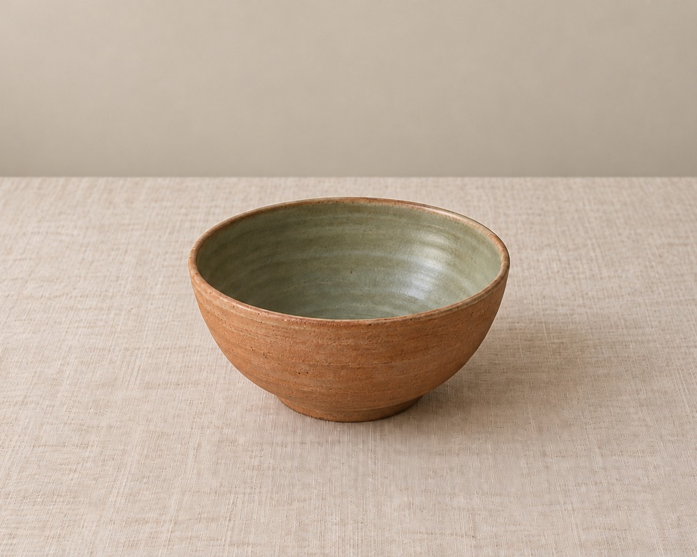 Hand-thrown terracotta serving bowl with a sage-green glazed interior
