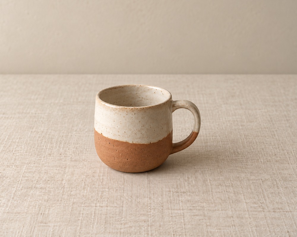 Terracotta clay mug dipped halfway in a cream glaze