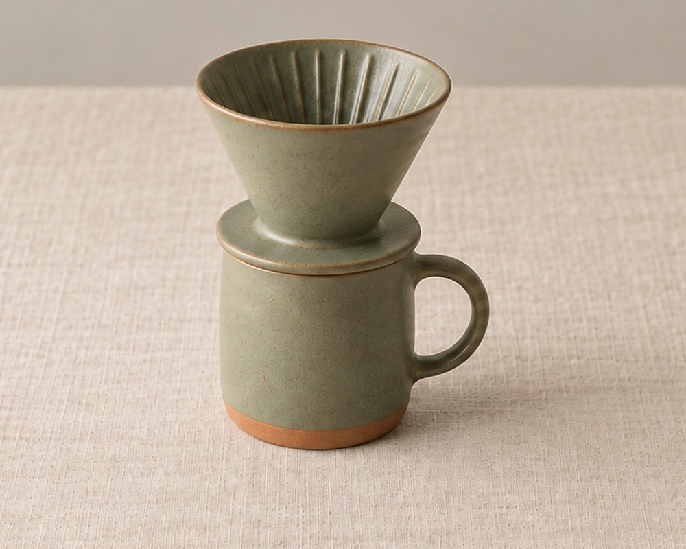 Sage-green ceramic pour-over coffee dripper resting on a matching mug