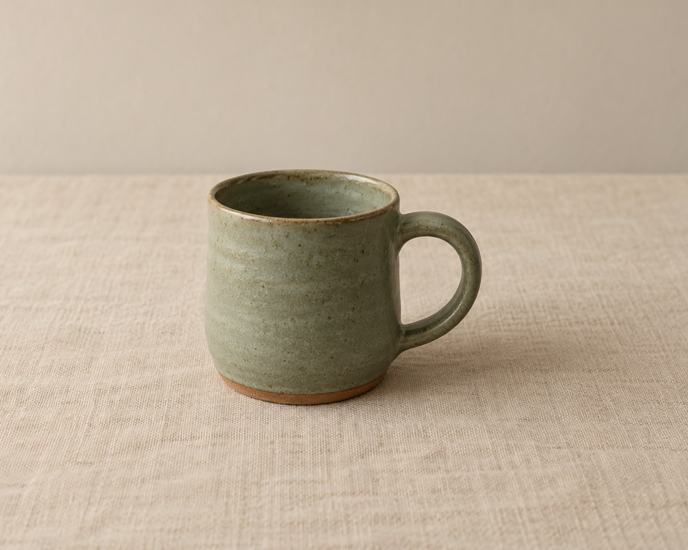 Handmade stoneware mug in matte sage-green glaze